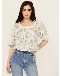 Wild Moss Women's Floral Print Long Sleeve Peasant Top