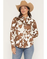 Shyanne Women's Junegrass Cow Print Long Sleeve Snap Stretch Western Shirt