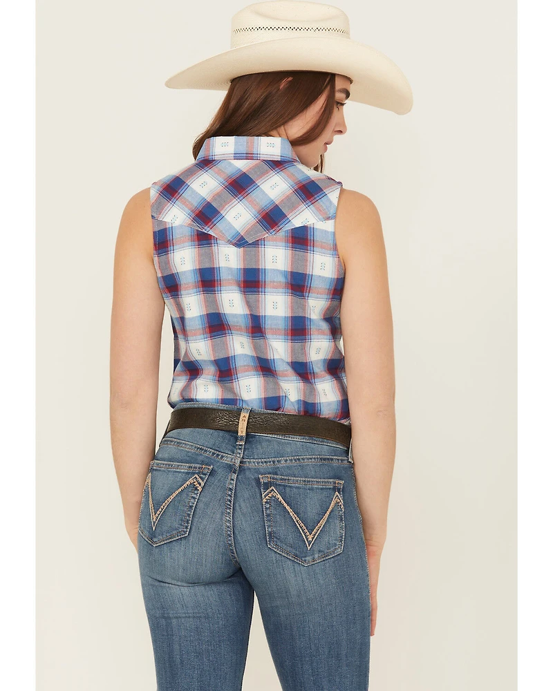 Shyanne Women's Dobby Plaid Print Sleeveless Snap Western Shirt