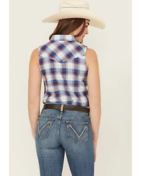 Shyanne Women's Dobby Plaid Print Sleeveless Snap Western Shirt