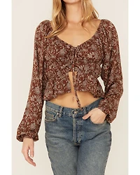 Wild Moss Long Sleeve Tie Front Ranched Floral Top