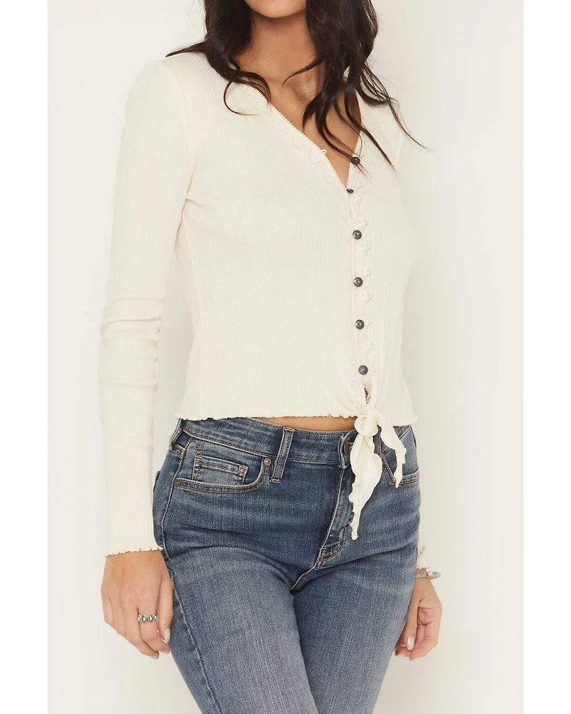 Shyanne Women's Lace Trim Tie-Front Long Sleeve Top
