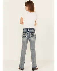 Grace LA Girls' Medium Wash Floral Embroidered Bootcut Stretch Denim Jeans