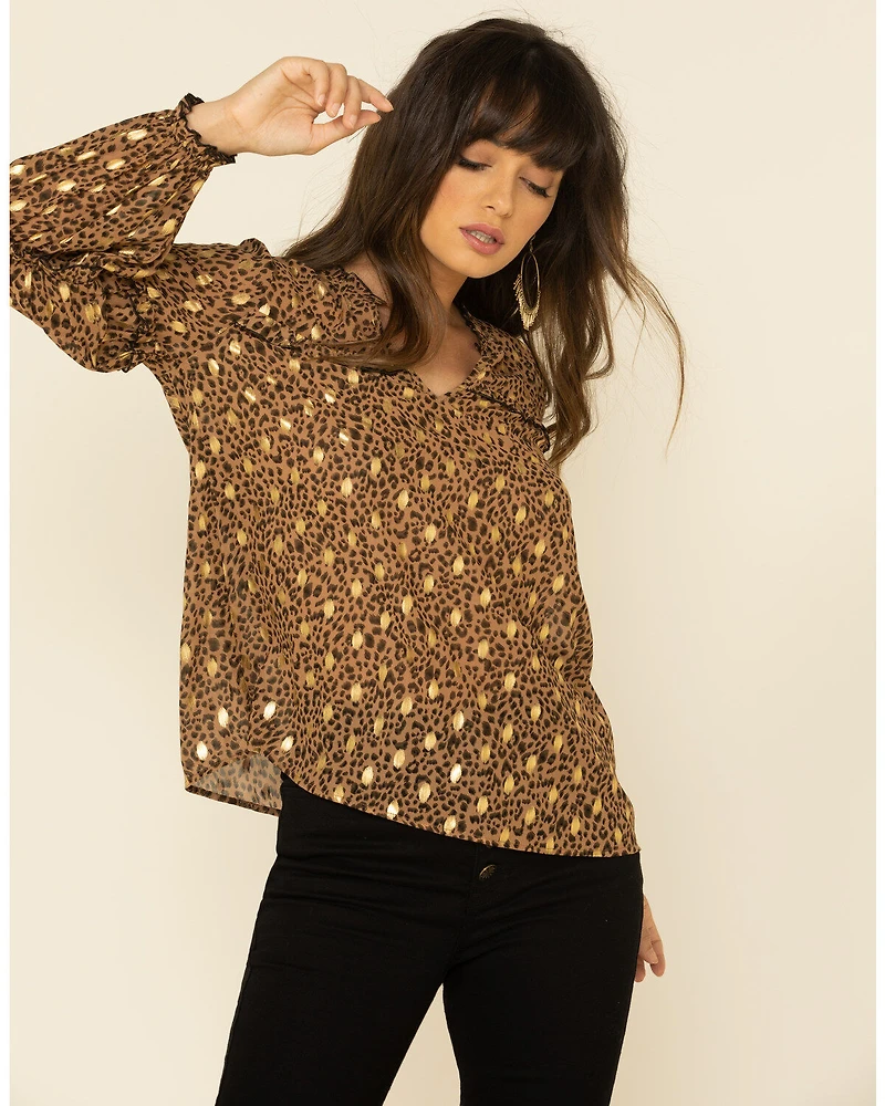 Mystree Women's Leopard Foil Puff Sleeve Blouse Top