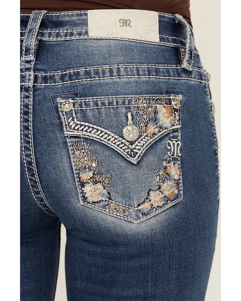 Miss Me Women's Medium Wash Floral Border Pocket 34" Bootcut Stretch Denim Jeans
