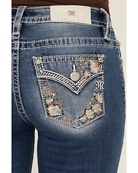 Miss Me Women's Medium Wash Floral Border Pocket 34" Bootcut Stretch Denim Jeans