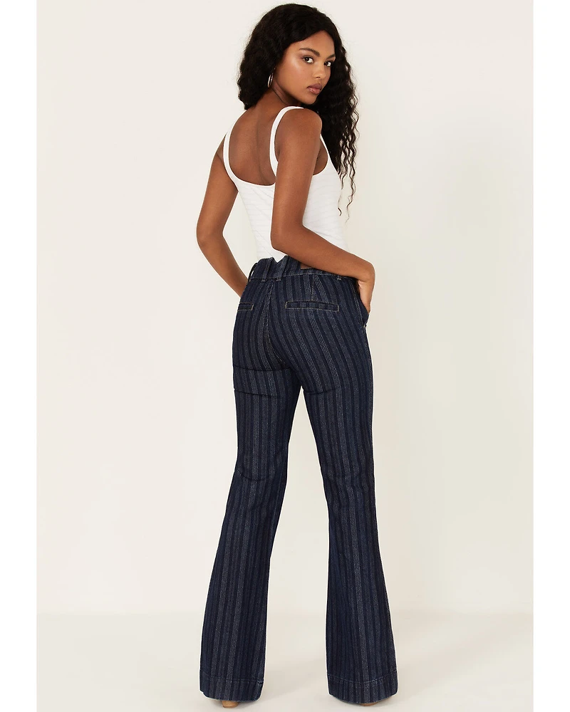 Rock & Roll Denim Women's Stripe Jacquard Dark Wash High Rise Flare Trouser Jeans