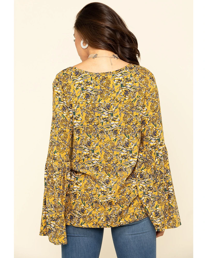 Rock & Roll Denim Women's Yellow Floral Bell Sleeve Top