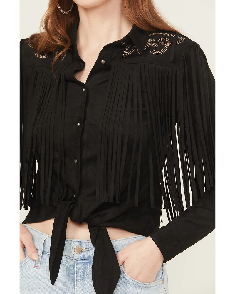 Idyllwind Women's McKinney Faux Suede Long Sleeve Fringe Top