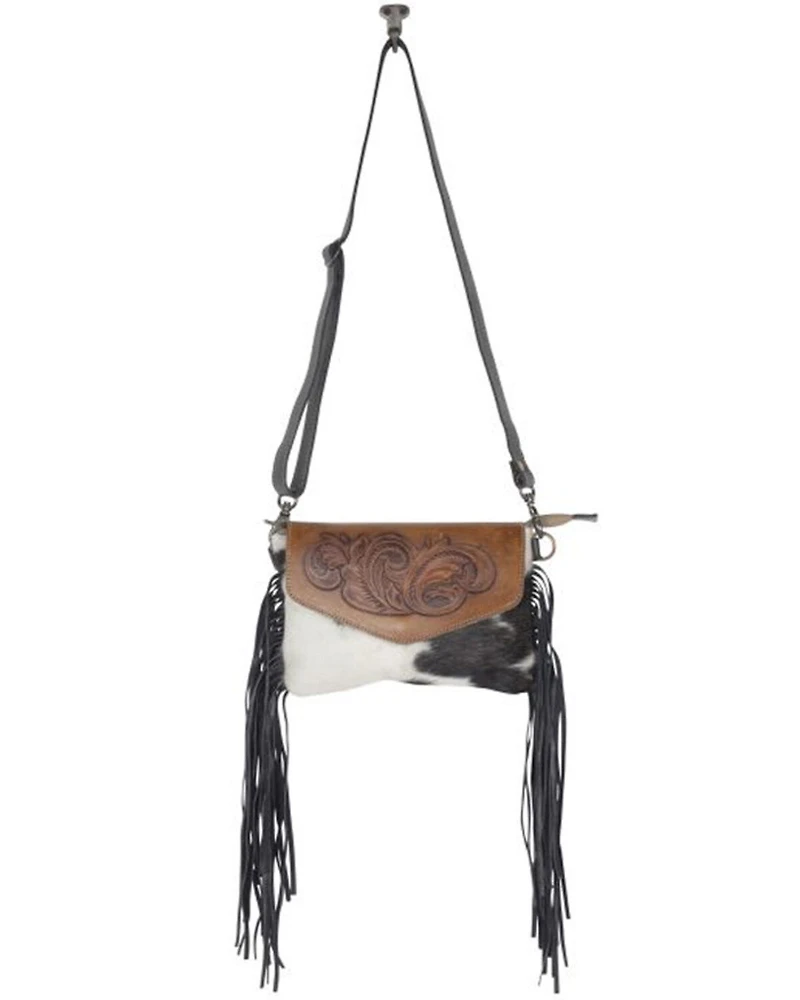 Myra Bag Women's Anam Cara Hair-On Hide Hand-Tooled Fringe Bag