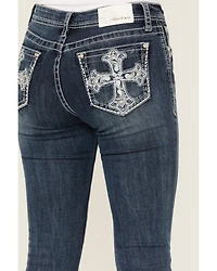 Grace LA Women's Medium Wash Paisley Cross Pocket Bootcut Stretch Denim Jeans