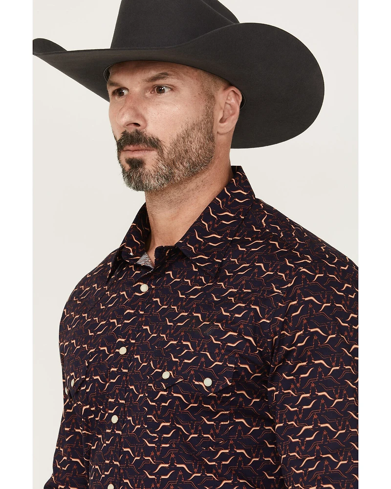 Rock & Roll Denim Men's Longhorn Print Long Sleeve Snap Stretch Western Shirt