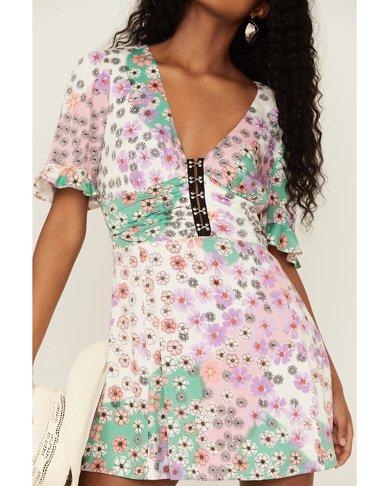 Beyond The Radar Women's Mixed Floral Print Corset Mini Dress