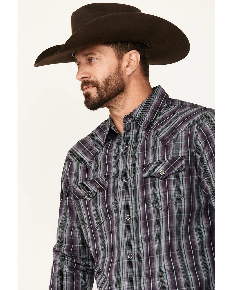 Moonshine Spirit Men's Throw Down Plaid Print Long Sleeve Snap Western Shirt