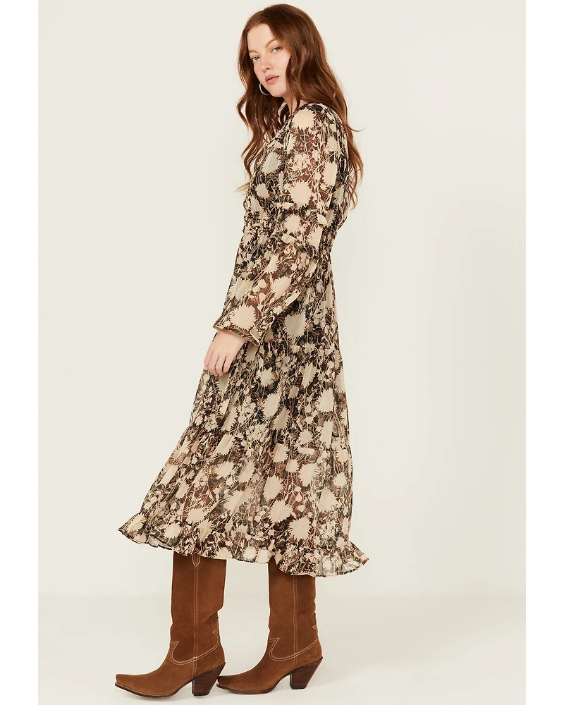 Miss Me Women's Floral Print Long Sleeve Midi Dress