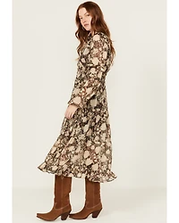 Miss Me Women's Floral Print Long Sleeve Midi Dress
