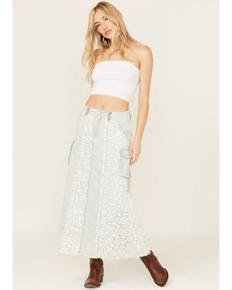 POL Women's Lace Light Wash Denim Midi Skirt