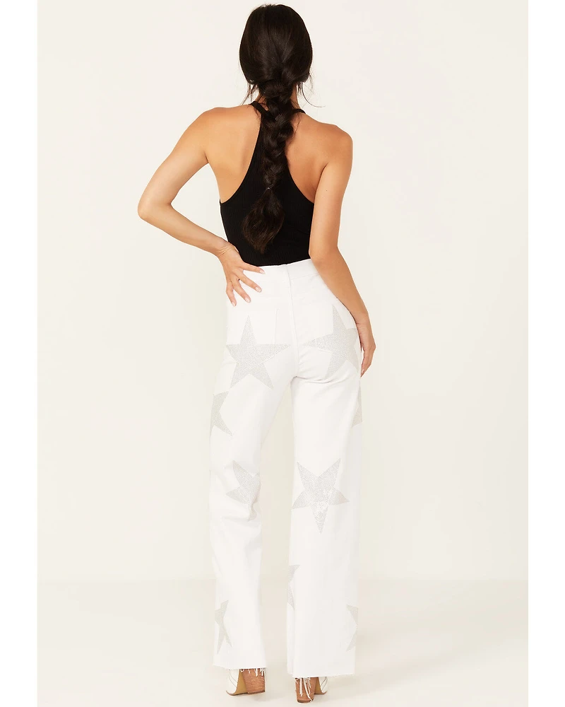 Vibrant Denim Women's Rhinestone Star High Rise Wide Leg Jeans