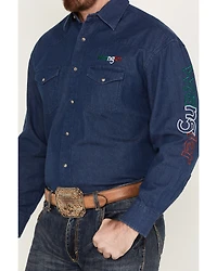 Wrangler Men's Mexico Flag Embroidered Logo Long Sleeve Western Snap Shirt