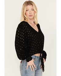 Wrangler Retro Women's Tie Front Poet Sleeve Cropped Blouse