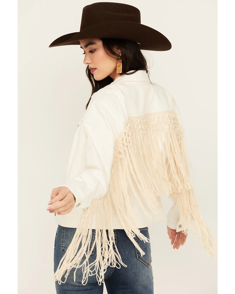 Shyanne Women's Oversized Macrame Fringe Denim Trucker Jacket