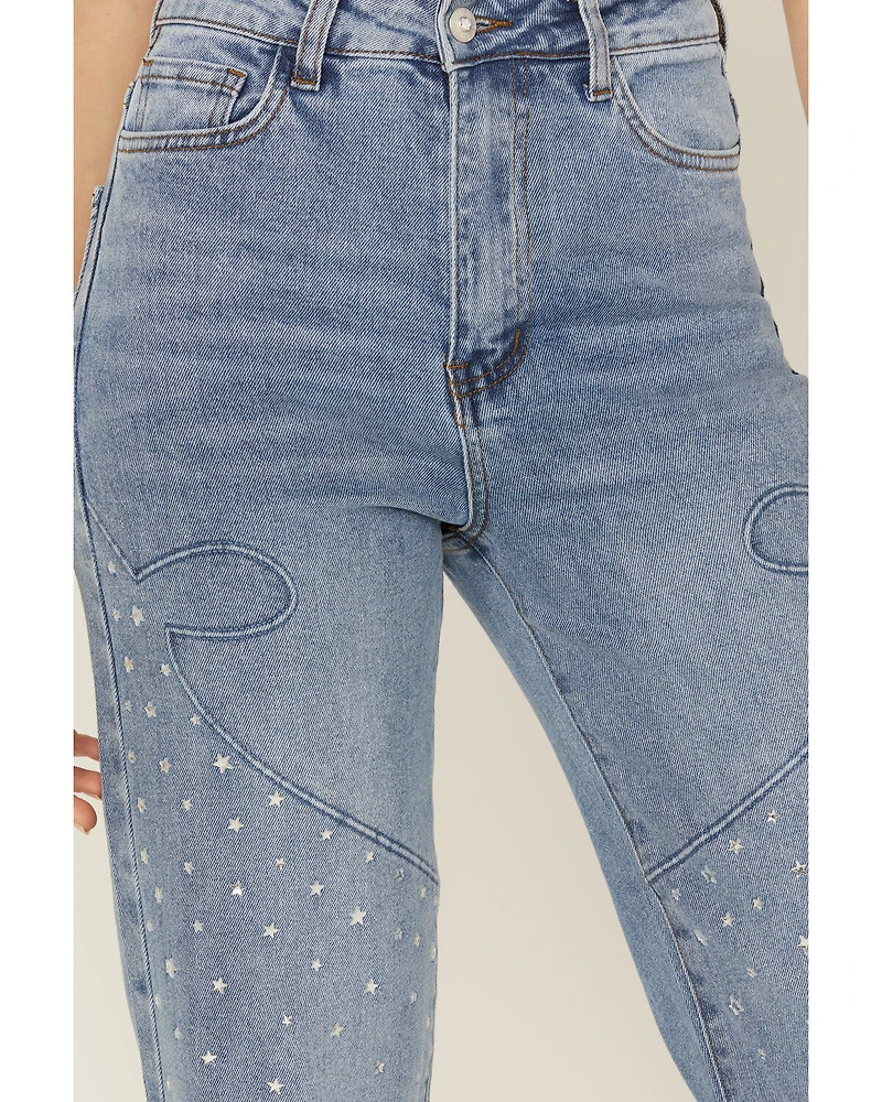 Vibrant Denim Women's Medium Wash High Rise Wide Leg Embellished Jeans