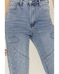 Vibrant Denim Women's Medium Wash High Rise Wide Leg Embellished Jeans