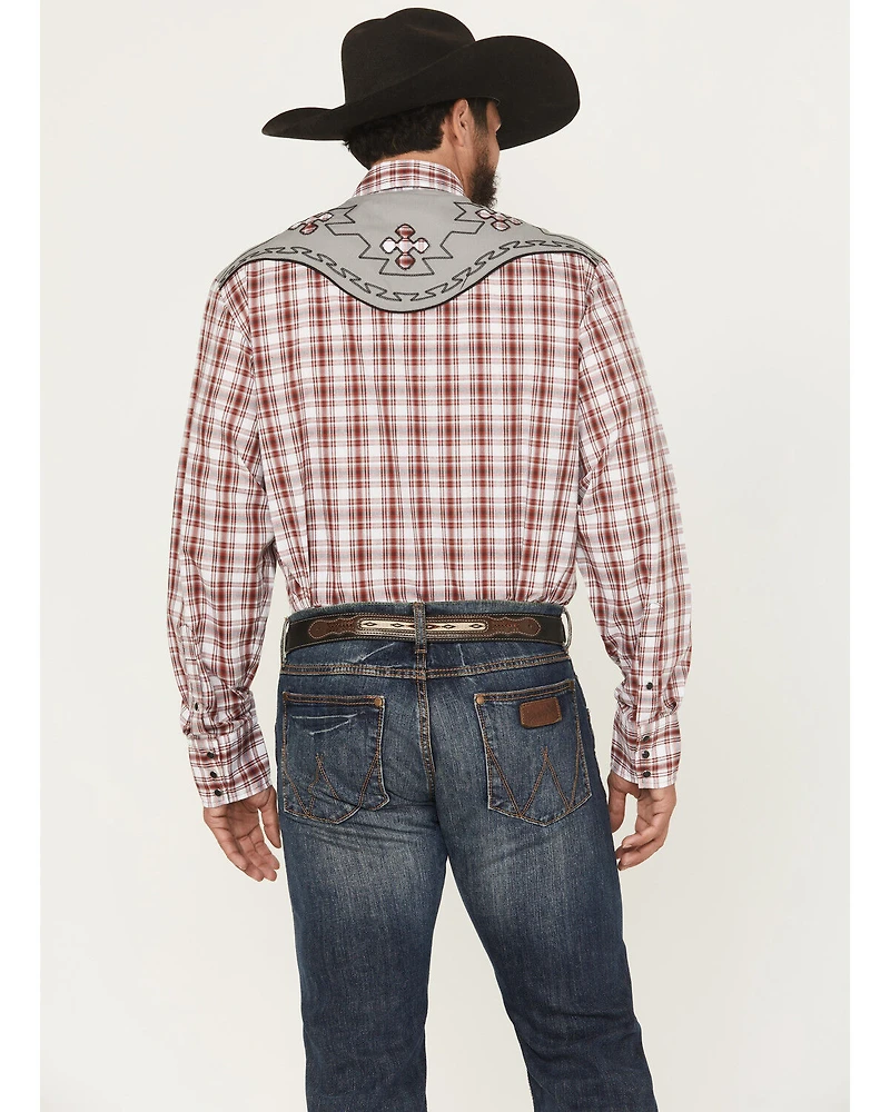Roper Men's Plaid Print Embroidered Long Sleeve Snap Stretch Western Shirt