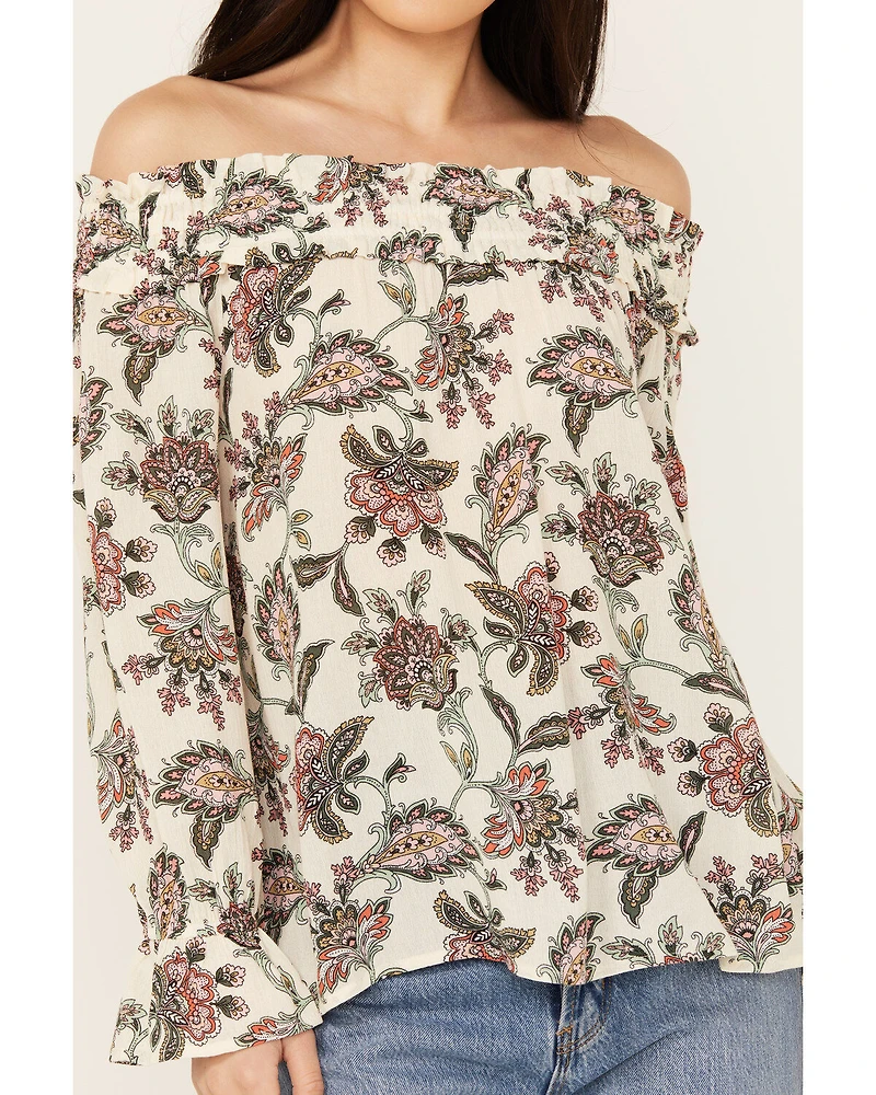 Wild Moss Women's Floral Print Long Sleeve Off The Shoulder Shirt