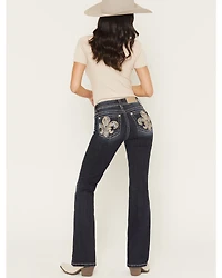 Miss Me Women's Medium Wash Mid Rise Fleur de Lis Pocket 30" Bootcut Stretch Denim Jeans