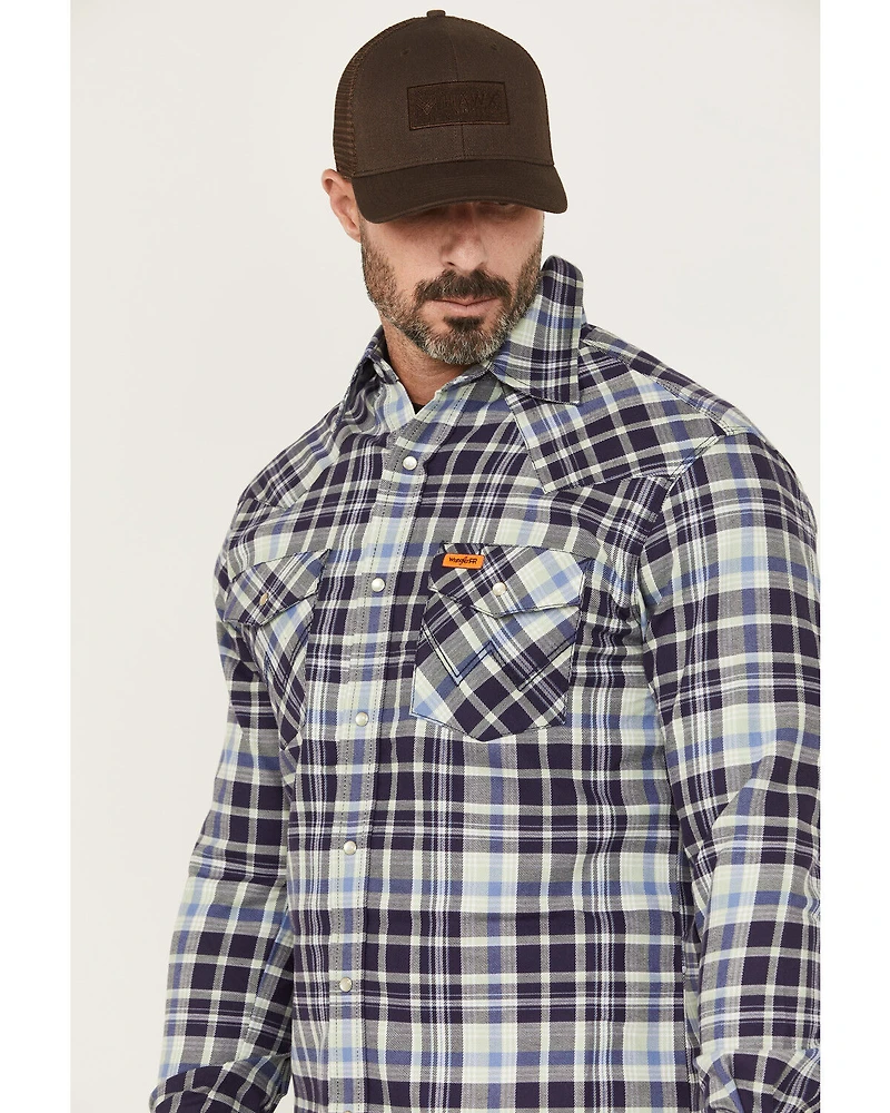 Wrangler Men's FR Plaid Print Long Sleeve Snap Work Shirt