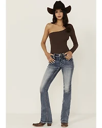 Miss Me Women's Medium Wash Mid Rise Floral Yoke 34" Bootcut Stretch Denim Jeans