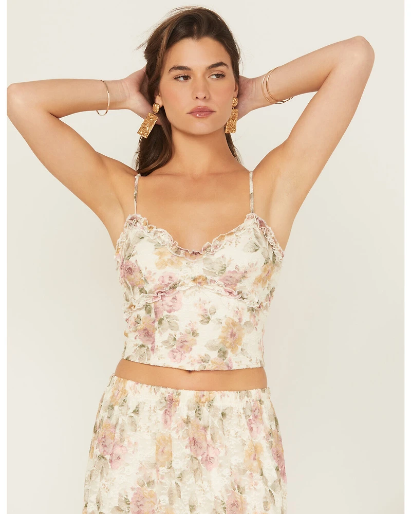 Originality Women's Floral Print Lace Sleeveless Cropped Tank Top