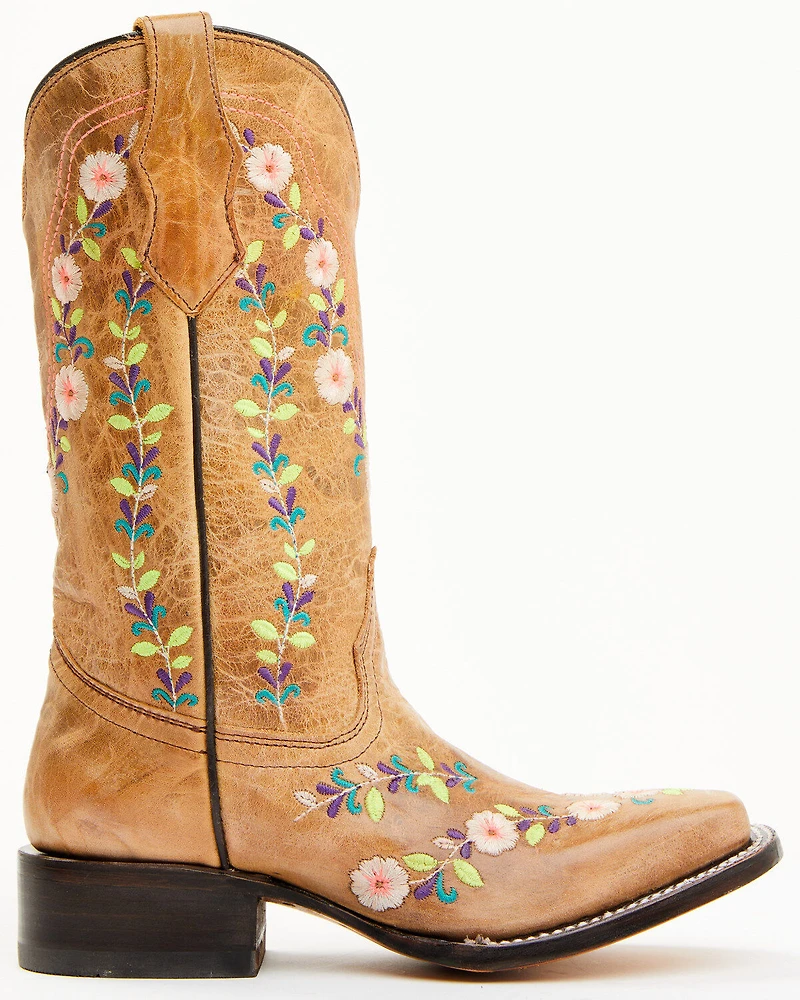 Corral Girls' Floral Embroidered Blacklight Western Boots - Square Toe
