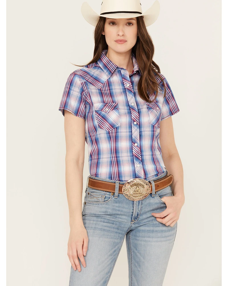 Rough Stock by Panhandle Plaid Print Short Sleeve Stretch Pearl Snap Western Shirt