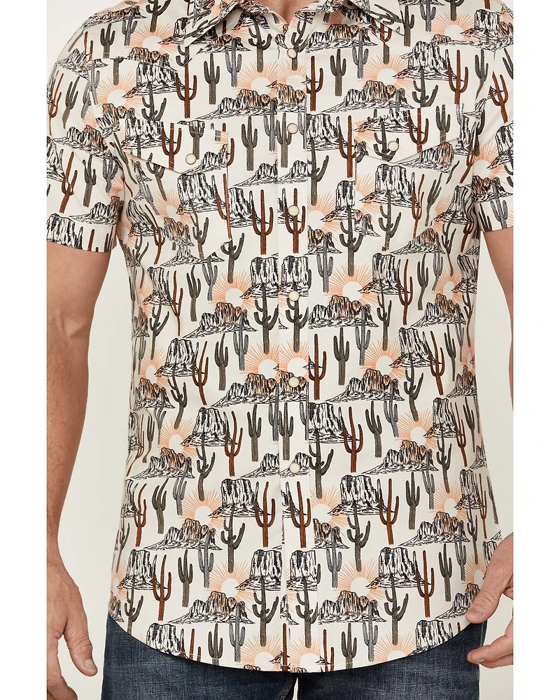 Rock & Roll Denim Men's Cactus Desert Print Short Sleeve Pearl Snap Stretch Western Shirt
