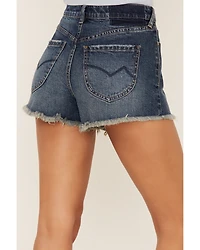 Cleo + Wolf Women's High Rise Dark Wash Frayed Denim Shorts