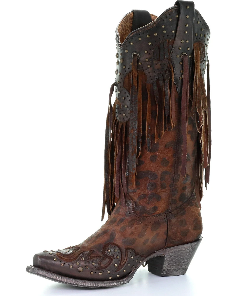 Corral Women's Leopard Stud & Fringe Western Boots - Snip Toe