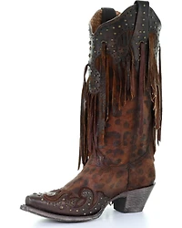 Corral Women's Leopard Stud & Fringe Western Boots - Snip Toe