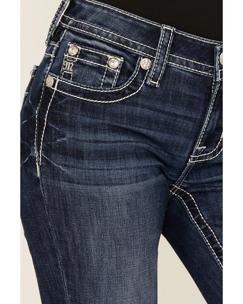 Miss Me Women's Dark Wash Mid Rise Feather Pocket 32" Bootcut Stretch Denim Jeans