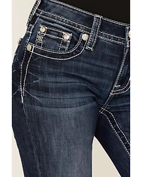 Miss Me Women's Dark Wash Mid Rise Feather Pocket 32" Bootcut Stretch Denim Jeans