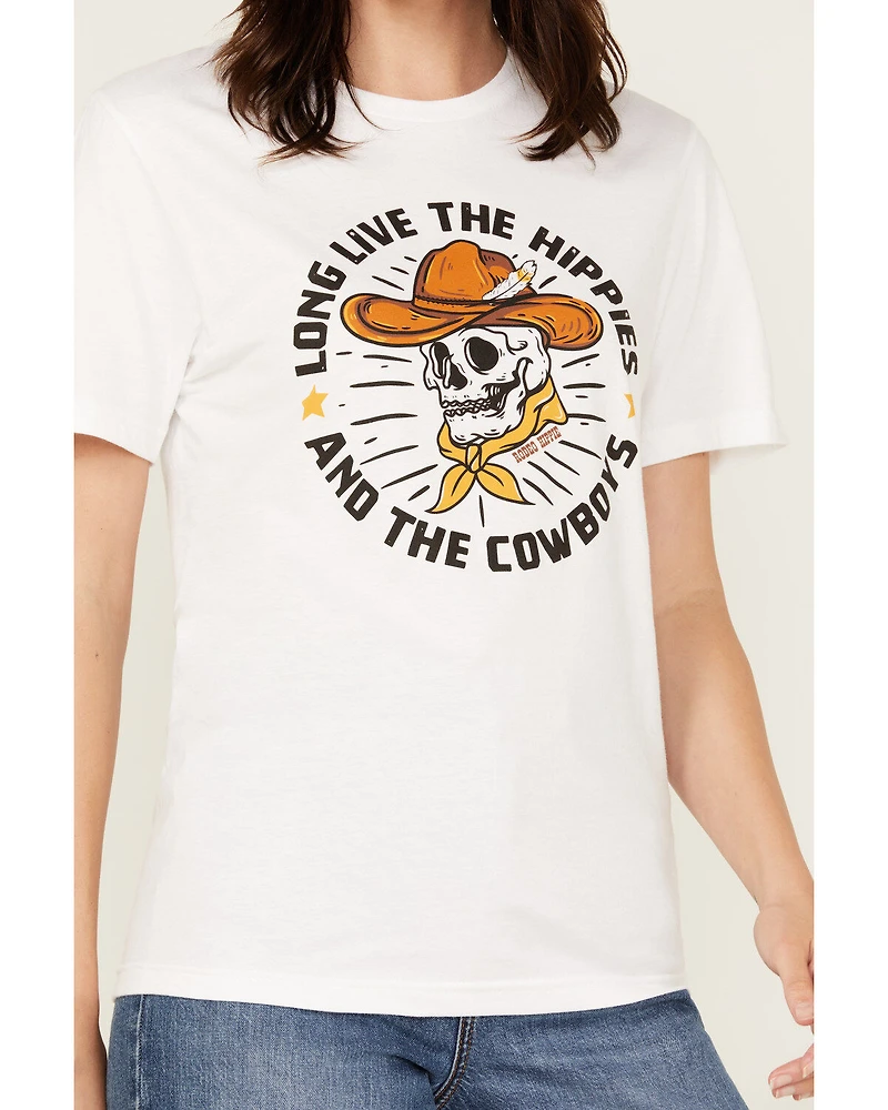 Rodeo Hippie Women's Long Live Cowboys Skull Short Sleeve Graphic Tee