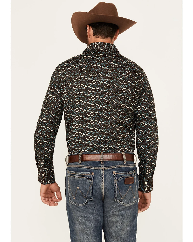Rock & Roll Denim Men's Long Horn Print Sleeve Snap Stretch Western Shirt