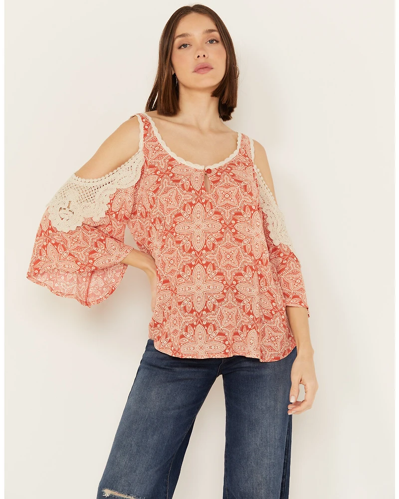 Wild Moss Women's Medallion Cold Shoulder Top