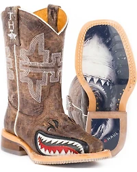 Tin Haul Boys' Tan and Red 8" Leather Western Boots - Square Toe