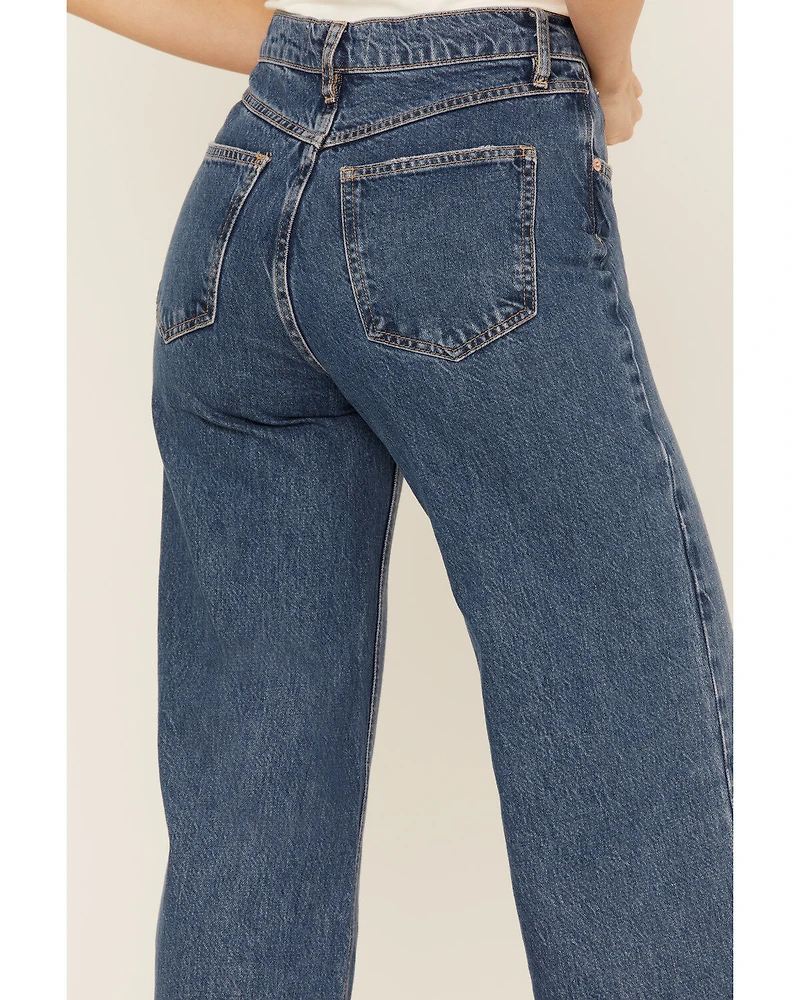 Free People Women's Straight Up Baggy Medium Wash High Rise Jeans