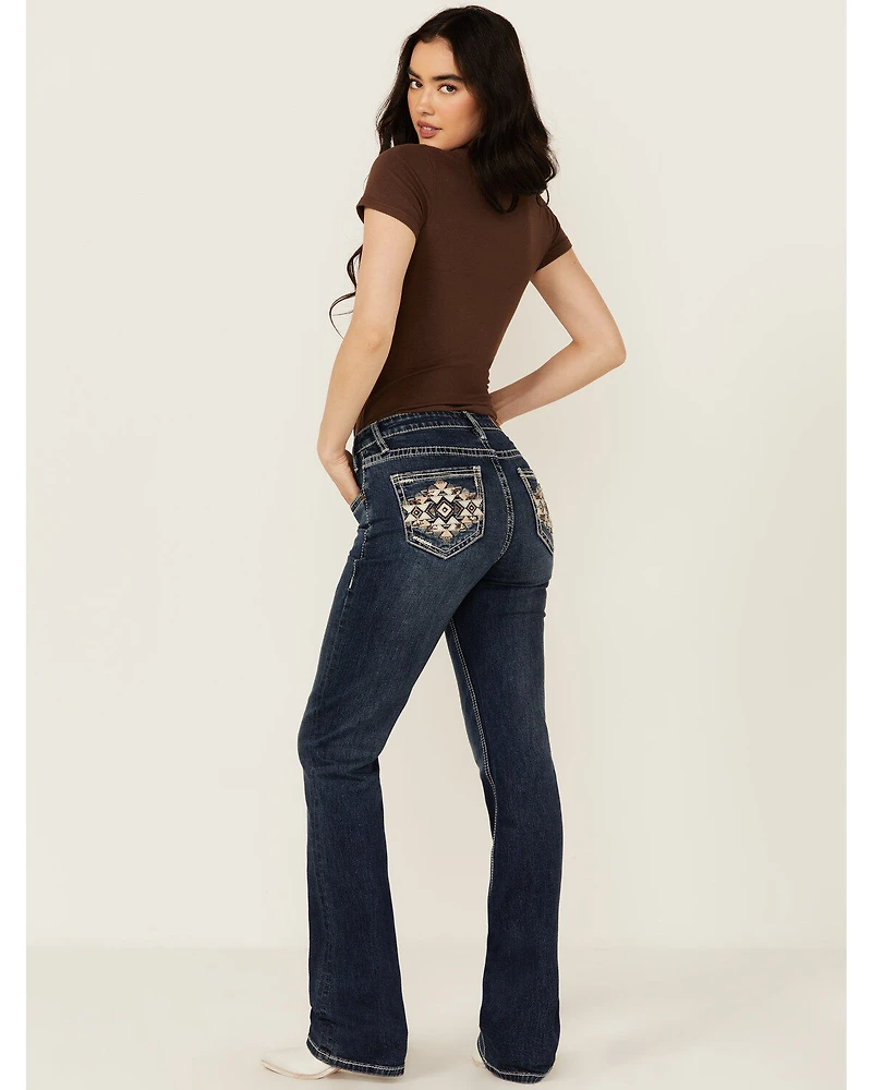 Rock & Roll Denim Women's Dark Wash Mid Rise Geo Pocket Bootcut Stretch Jeans