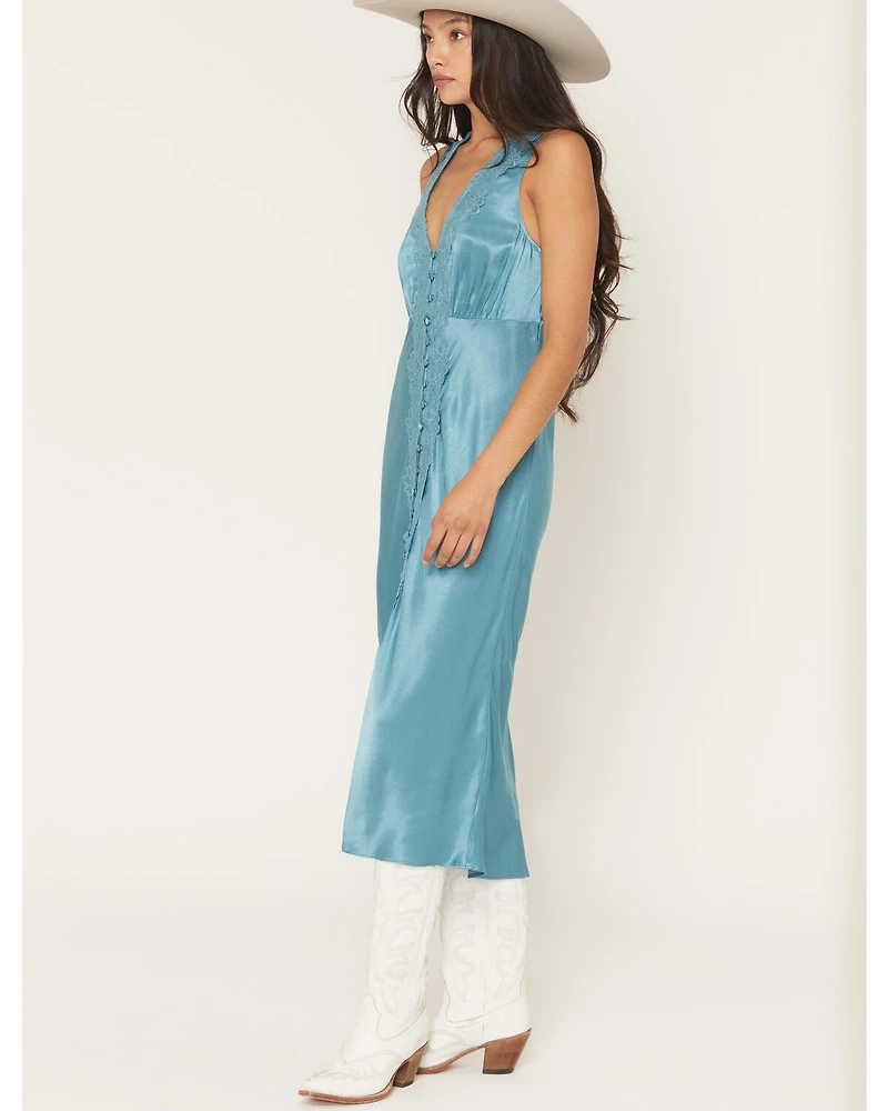 Shyanne Women's Satin Lace Trim Sleeveless Button-Down Midi Dress