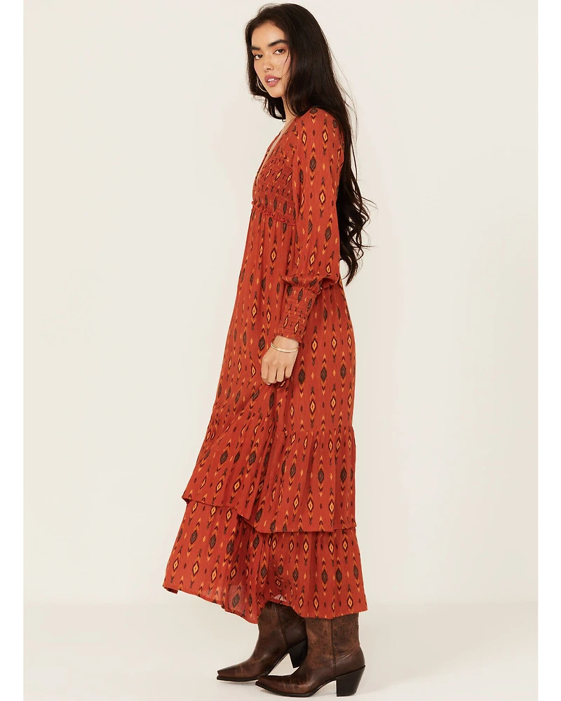Panhandle Women's Southwestern Print Long Sleeve Midi Dress