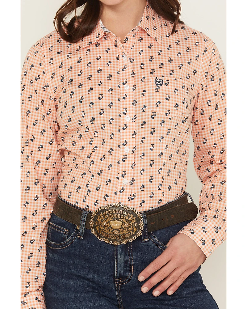 Cinch Women's Plaid Print Palm Tree Long Sleeve Button-Down Stretch Western Shirt